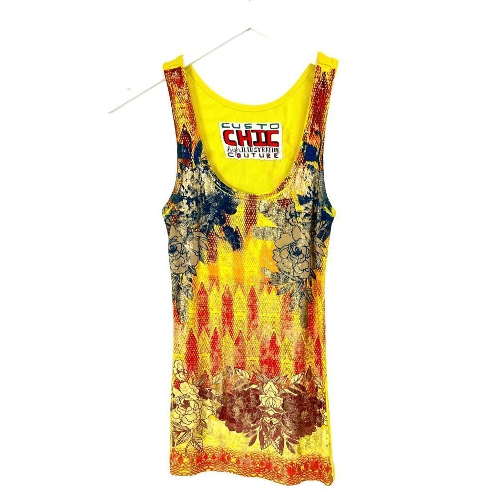 Gusto Chic Top Womens Small Tank Printed Yellow High Illusion Couture  Printed